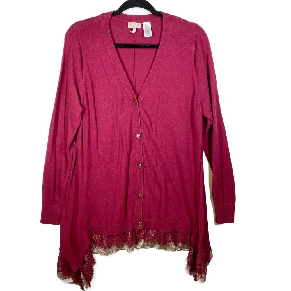 LOGO by Lori Goldstein Red Cardigan Lacey Womens Size Large